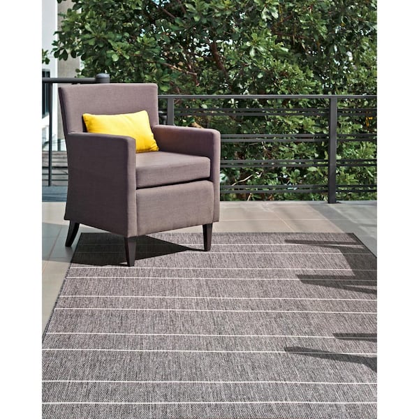 Alaina Casual Stripes Gray 9 ft. x 13 ft. Indoor/Outdoor Patio Area Rug