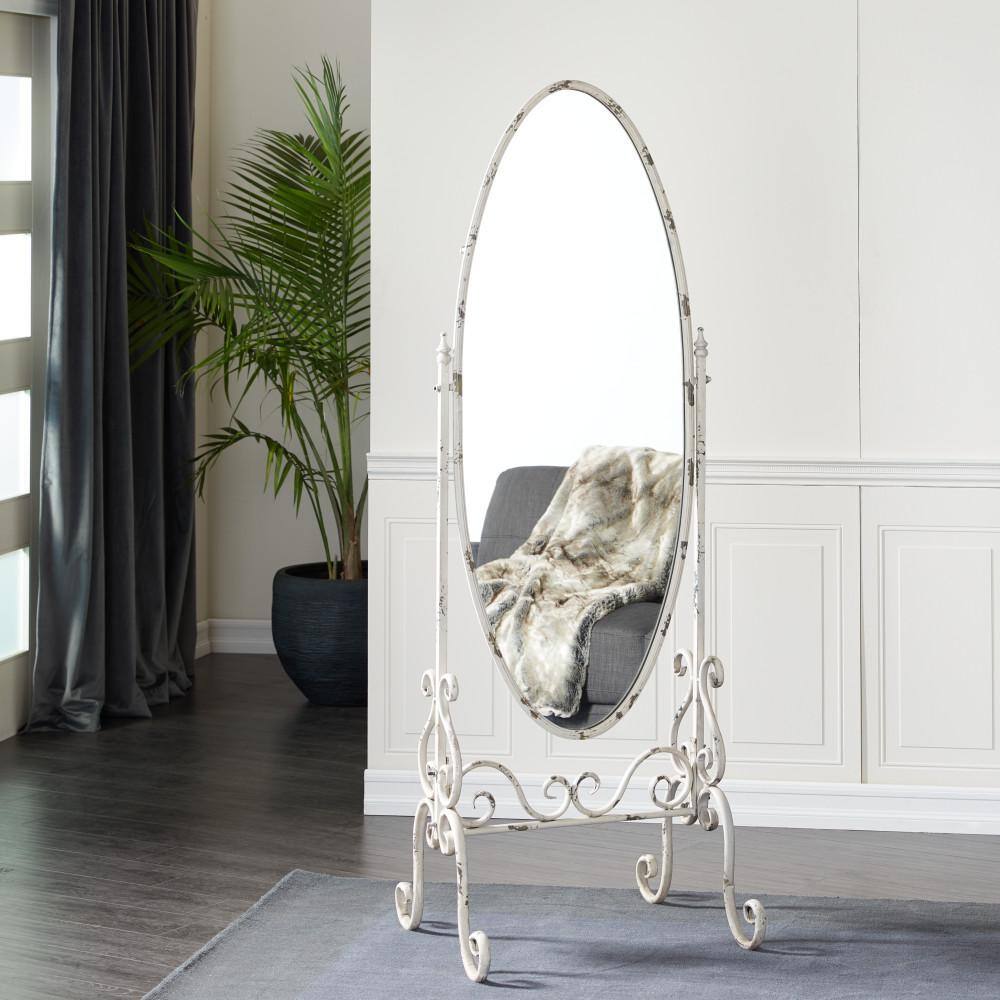 Vintage White Distressed Metal Oval Cheval Mirror