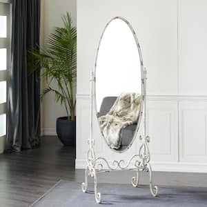 25 in. x 69 in. White Metal Distressed Oval Scroll Floor Mirror with Stand