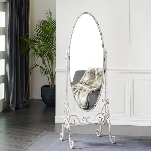 25 in. x 69 in. White Metal Distressed Oval Scroll Floor Mirror with Stand