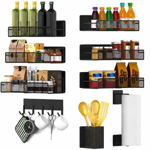 Magnetic Spice Rack for Refrigerator, 10-Piece Set with Paper Towel Holder, Hook Rack, and Utensil Caddy, Black