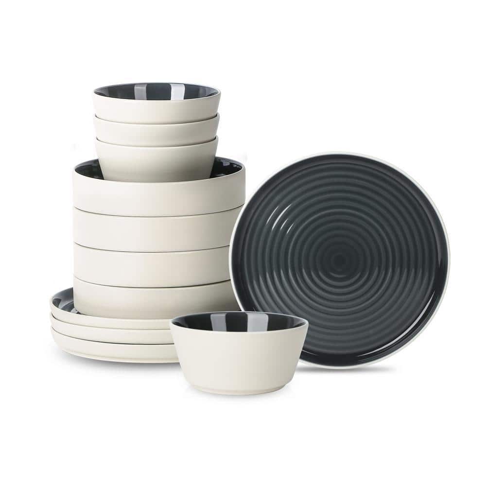 STONE LAIN Elica 12-Piece Black and Beige Stoneware Dinnerware Set Service for 4