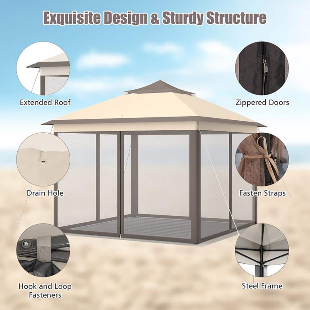 Beige and Brown 11'x11' 2-Tier Pop-Up Gazebo Tent with Mesh