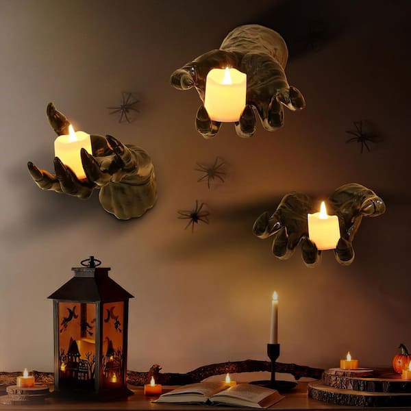 Halloween Wall Mounted Gothic Wall Art with Creepy Reaching Hands and Lighted Candles for Indoor Decor (3-Pack)