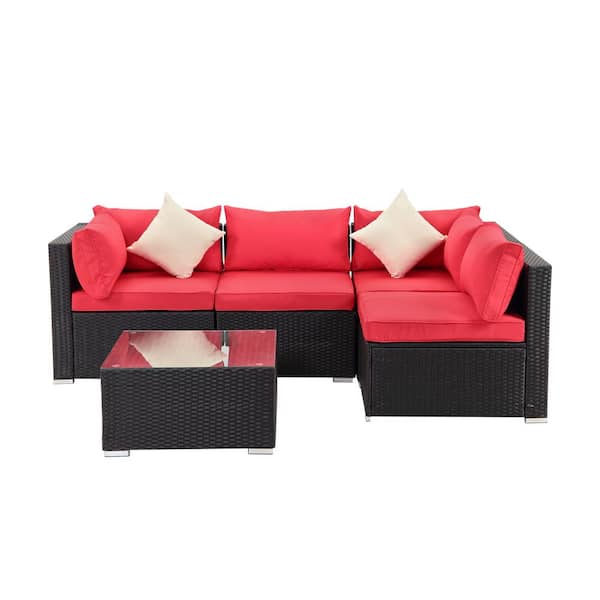 Boyel Living Black 5 Piece Pe Wicker Outdoor Patio Sectional Sofa With Red Cushions Cn7102 3 Re The Home Depot