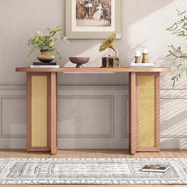 47.8 in. Natural Wood Wash Oval Wood Console Table Entryway Table