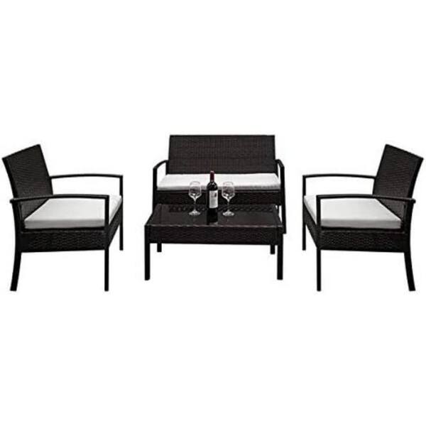 AOPSPS Metal Brown Gradient Rattan Outdoor Sofa Set-2 Arm Chairs, 1 Loveseat, Tempered Glass Coffee Table, with White Cushions