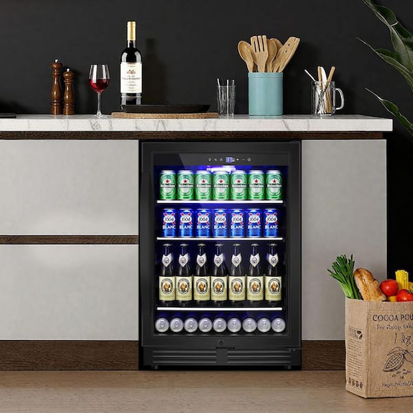 23.42 in. Single Zone 225-Can Built-in Beverage Cooler with Reversible Door Auto Blue Lighting Beer Fridge in Black