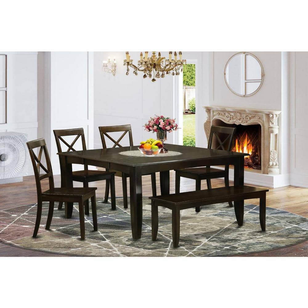 6-Piece Square Cappuccino Finish Solid Wood Top dining Table with 1-Bench and 4-Chairs with Lattice Back price history on PriceWatchPro