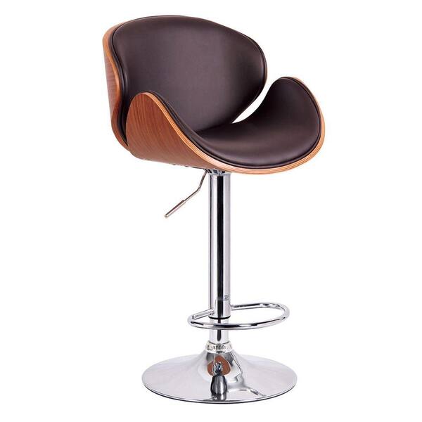 Worldwide Homefurnishings 23.5 in. Adjustable Bentwood Faux Leather Chrome Metal Bar Stool in Brown