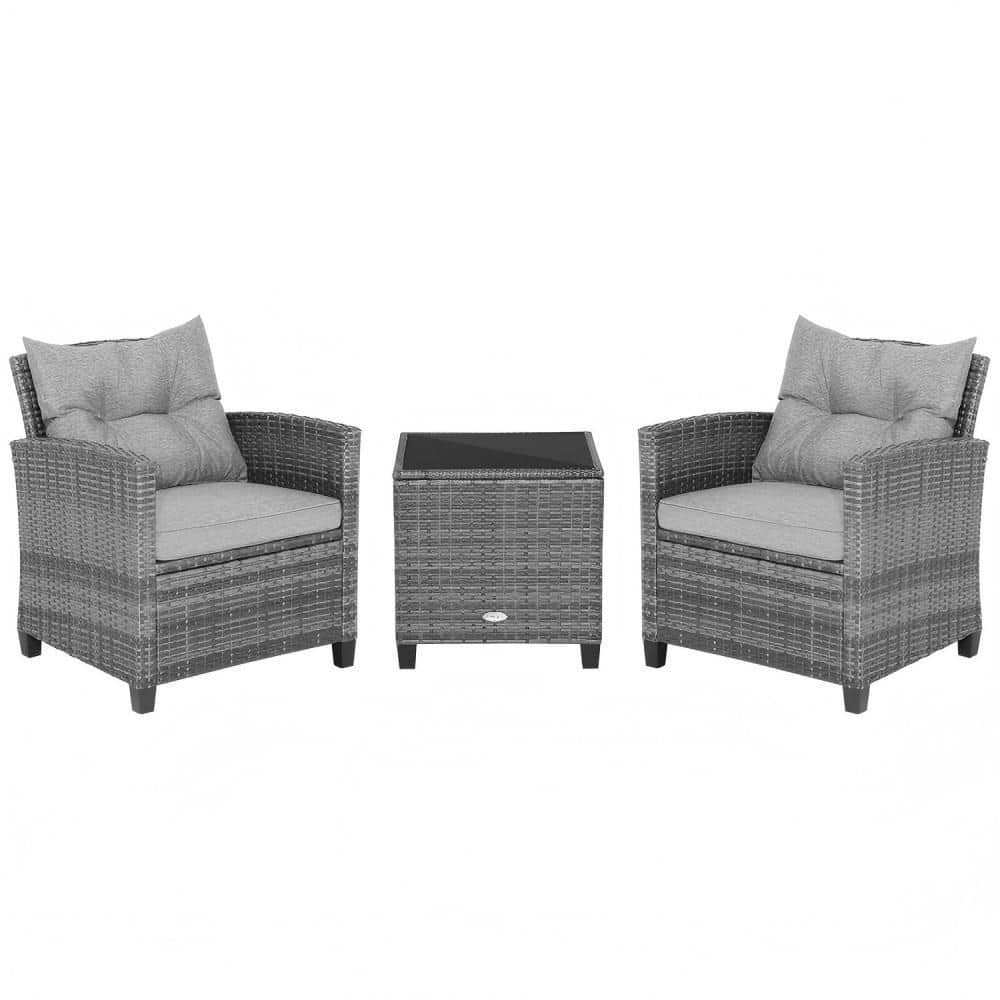 3-Piece Wicker Patio Conversation Set with Gray Cushions and Tempered Glass Tabletop price history on PriceWatchPro