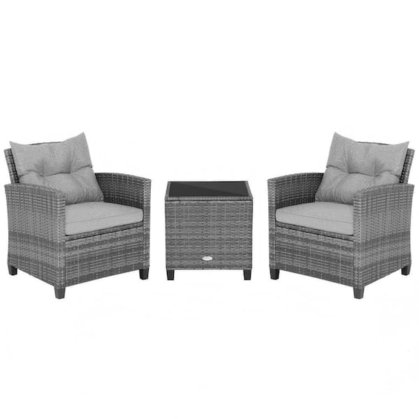 3-Piece Wicker Patio Conversation Set with Gray Cushions and Tempered Glass Tabletop