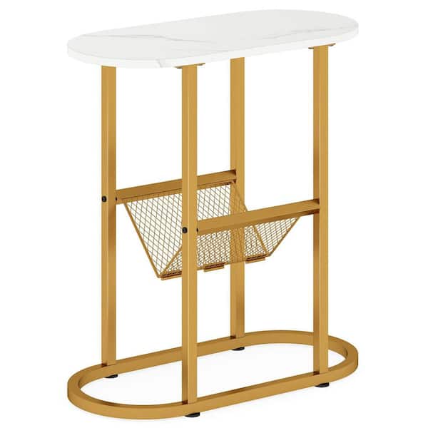 24 in. White and Golden Oval Particle Board End Table with Faux Marble Tabletop & Magazine Holder Heavy-duty Metal Frame
