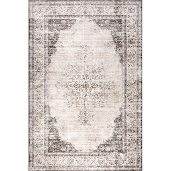 Winnie SplashGuard Distressed Medallion Machine Washable Area Ivory 6 ft. x 9 ft. Indoor Area Rug