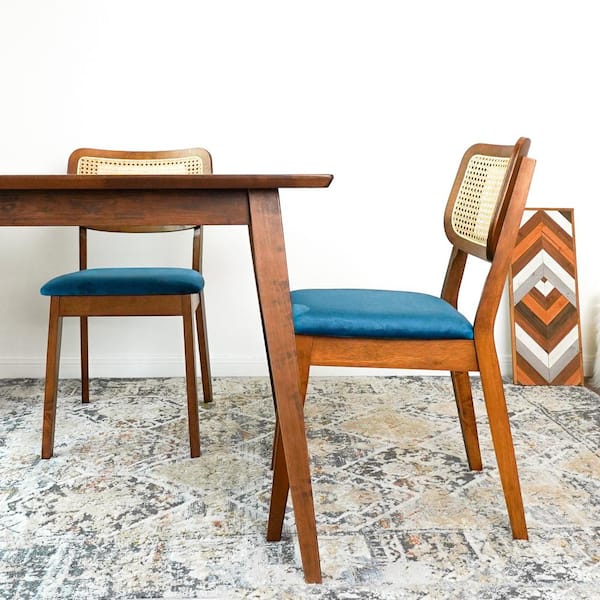 Ashcroft Furniture Co Cataleya Navy Blue Velvet Rattan Back Dining Chair Set of 2