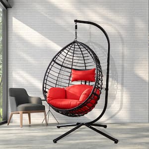 Hot Sale Modern Black Steel Stand Hanging Egg Patio Swing Chair with PE Rattan and Comfortable Red Cushion