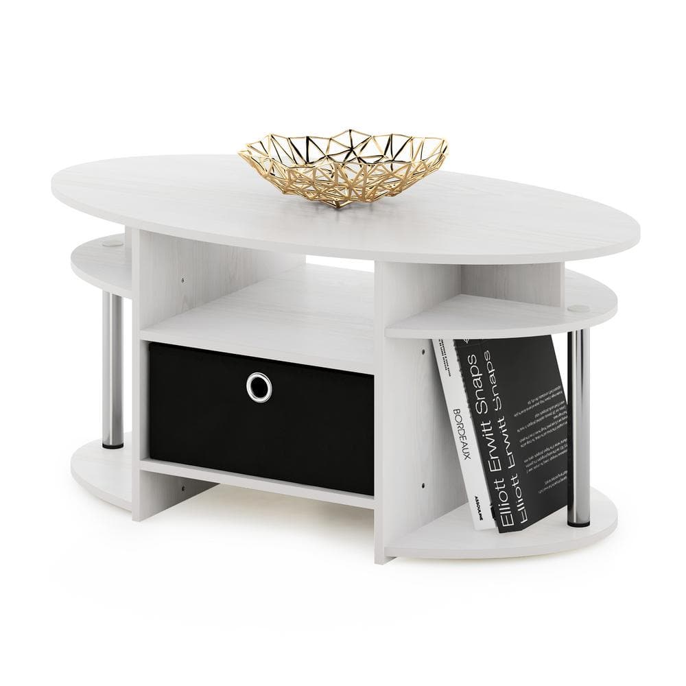 Eco-Friendly Oval Coffee Table with Storage Bin in White Oak & Metal