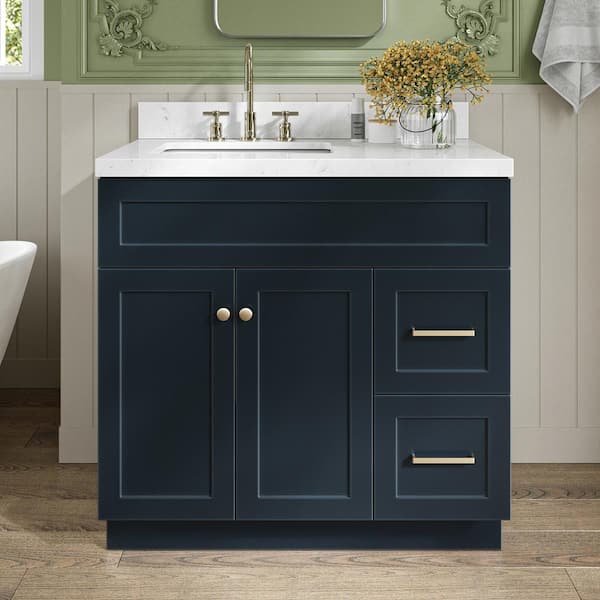 ARIEL Hamlet 36.25 in. W x 22 in. D x 36 in. H Single Sink Freestanding Bath Vanity in Midnight Blue with Carrara Quartz Top