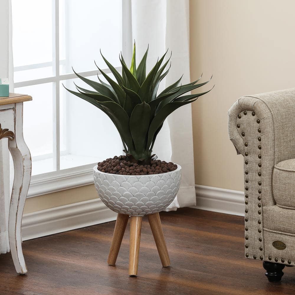 White Scallop Embossed Round Planter with Wood Legs