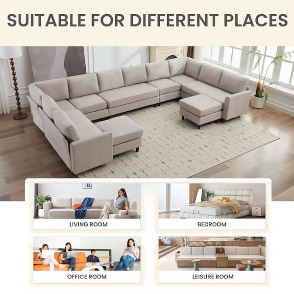 ゆゆ JEAREY 155.9 in. Width Linen Convertible Large U-Shaped