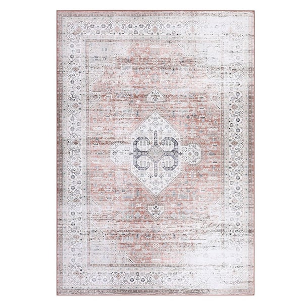 Machine Washable Carpet Retro Print Rug Anti-fouling and Anti-slip for Bedroom Living Room Office Light Orange，5*7ft