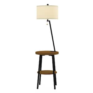 58 in. Brown and Black Mid-Century Modern LED Floor Lamp End Table with USB Charging Port
