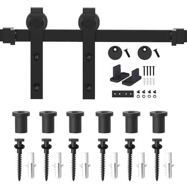 WINSOON 8 ft. Frosted Black Strap Sliding Barn Door Track Hardware Kit for Single Wood Door with Non-Routed Floor Guide