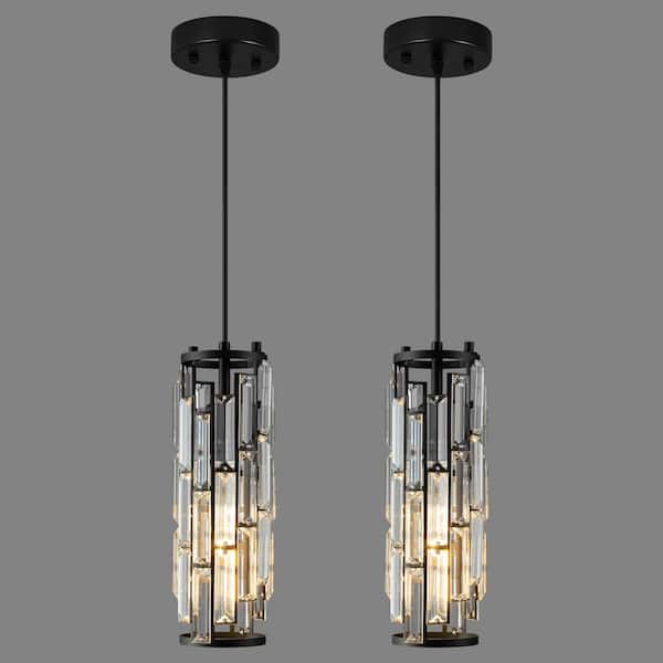 Home Lighting 60-Watt 1 Light 2 Pack Black Metal Mini Pendant Light with Crystal Shade, no Bulds Included