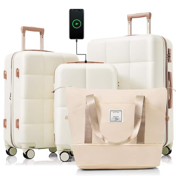 Merax 4-Piece Beige Expandable ABS Hardshell Spinner 20 in., 24 in., 28 in., Luggage Travel Bag, USB Port, Cup Holder, Hooks