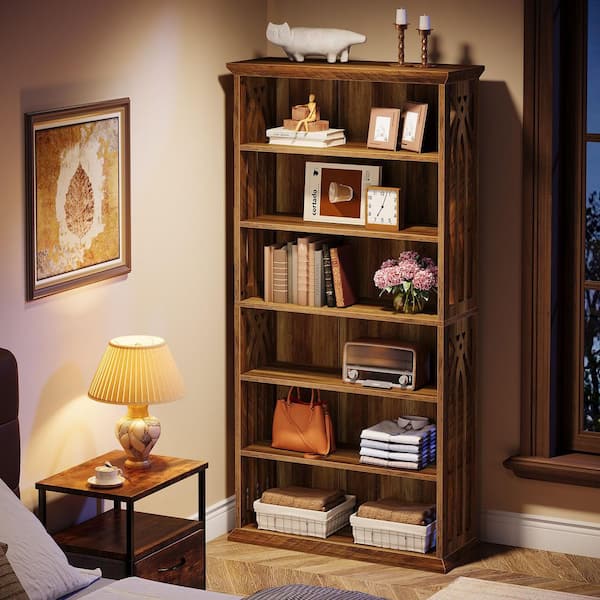Frailey 75 in. Tall Brown Wood 6-Shelf Standard Bookcase with Interior Shelves, Storage for Living Room Home 2-Pieces