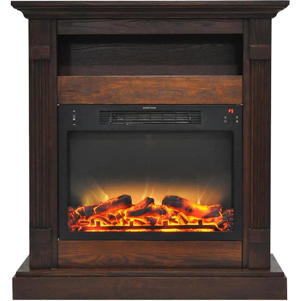 Cambridge Sienna 34 in. Freestanding Electric Fireplace with Storage Shelf plus Logs and Grate Insert in Walnut