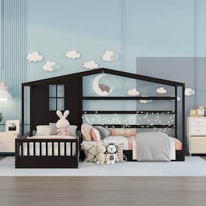 Espresso Twin Size L-Shaped Wood House Bed for Kids, 2 Twin Solid Bed L Structure with Fence and Slatted Frame
