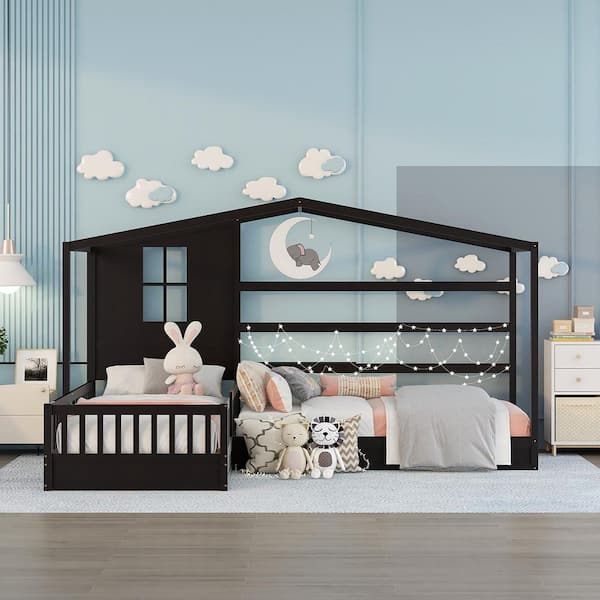 URTR Espresso Twin Size L-Shaped Wood House Bed for Kids, 2 Twin Solid Bed L Structure with Fence and Slatted Frame
