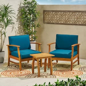 Perla Teak Brown 3-Piece Wood Patio Conversation Seating Set with Blue Cushions