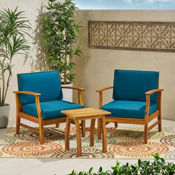 Noble House Perla Teak Brown 3-Piece Wood Outdoor Patio Conversation Seating Set with Blue Cushions