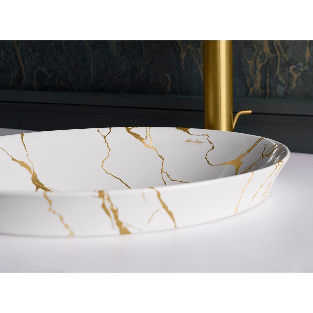 Aureus White and Gold Ceramic Semi-Recessed Vessel Sink