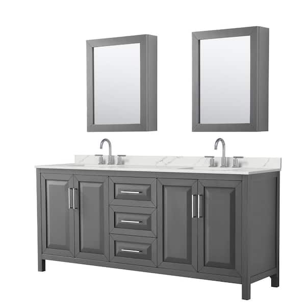 Wyndham Collection Daria 80 in. W x 22 in. D x 35.75 in. H Double Bath Vanity in Dark Gray with Giotto Quartz Top and Mirrors