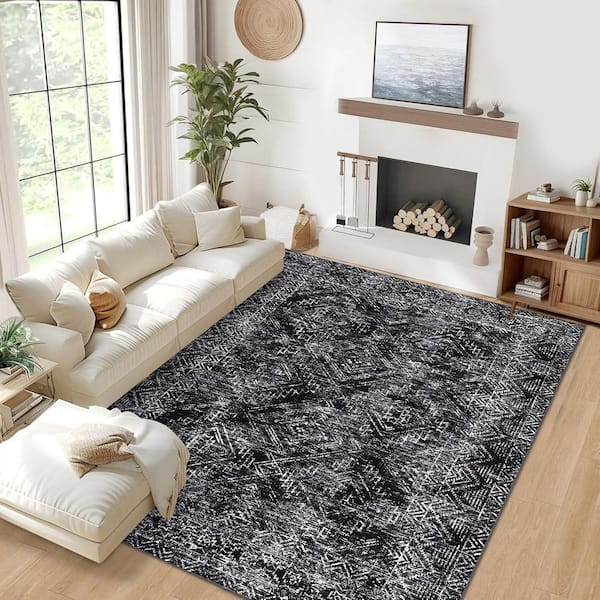 Black 8 ft. x 10 ft. Washable Vintage Distressed Bohemian Style Polyester Area Rug