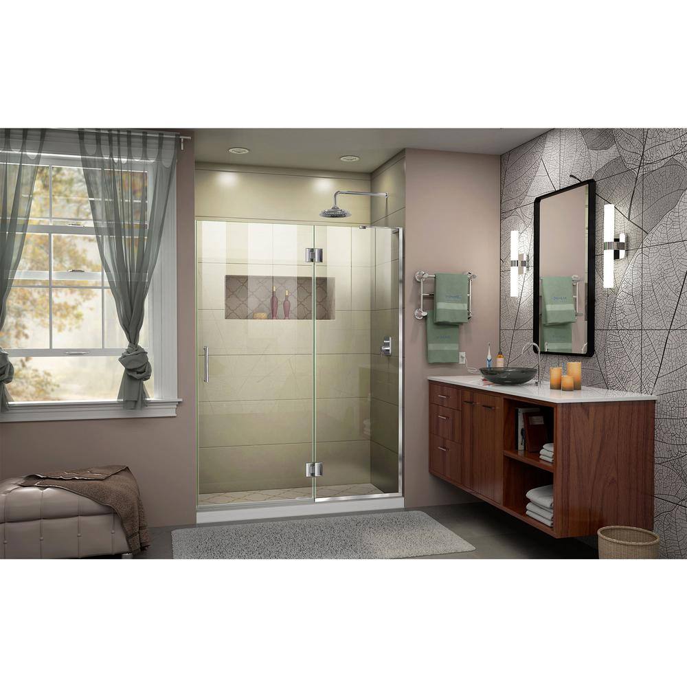 Unidoor-X 54" Frameless Clear Glass Hinged Shower Door with Distressed Bronze Hardware
