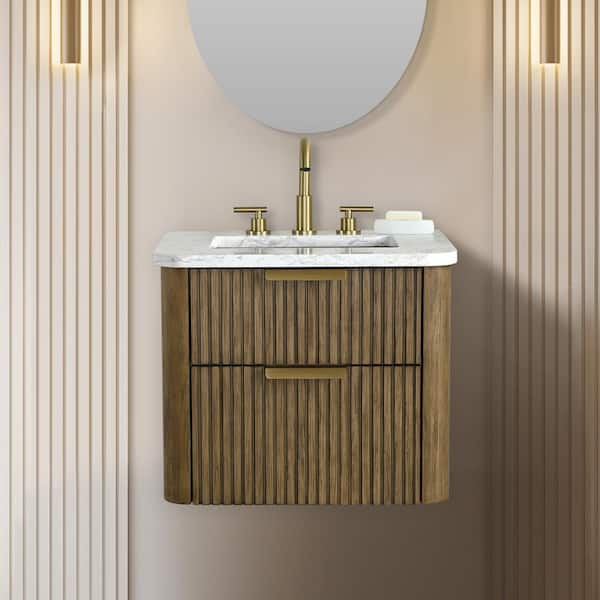 Warren 24 in. W Floating Bath Vanity in Aged Oak with Engineered Stone Top in Arabescato and White Sink