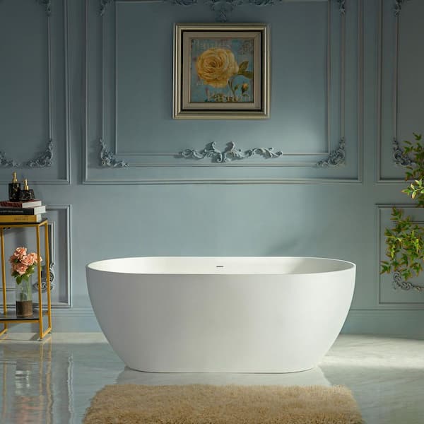 59 in. x 29 in. Solid Surface Stone Resin Soaking Bathtub with Center Drain in Matte White