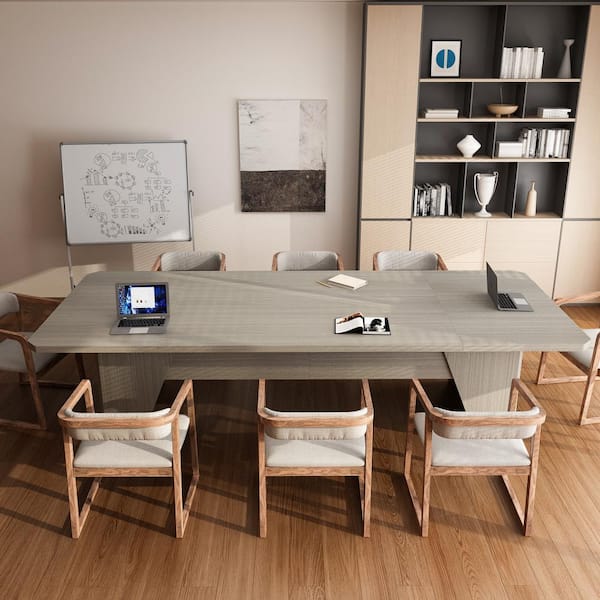 Modern Concise Style Gray Oak Wooden 118.1 in. Width Rectangle Pedestal Base Writing Desk Meeting Table for 6-10