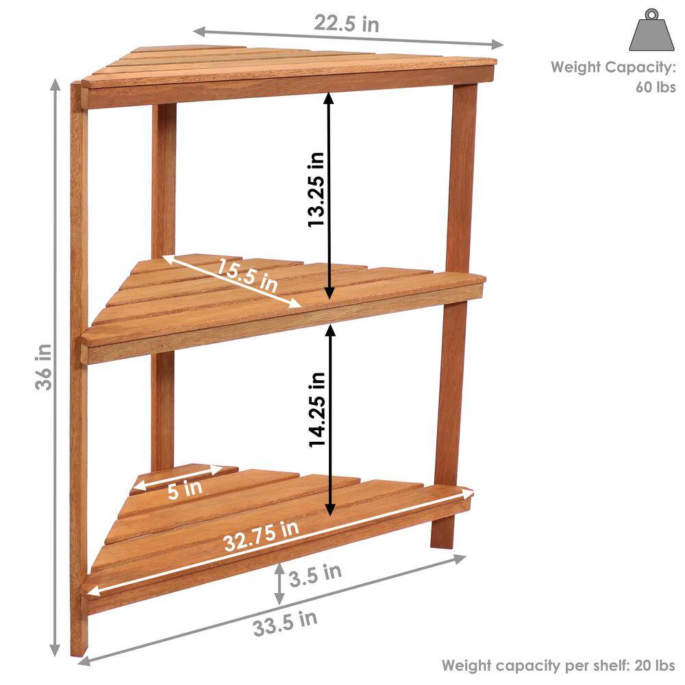 Sunnydaze Brown Meranti Wood 3-Tier Corner Plant Stand