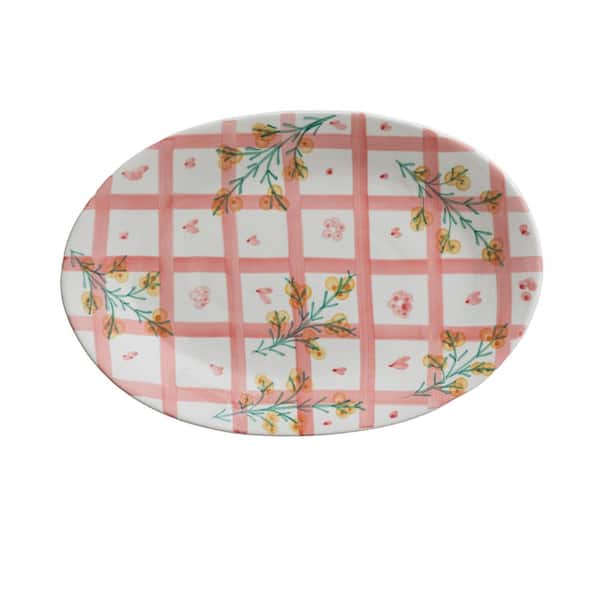 11.3 in. Pink Multi-Colored Hand-Painted Stoneware Oval Platters with Grid Pattern and Botanical Design