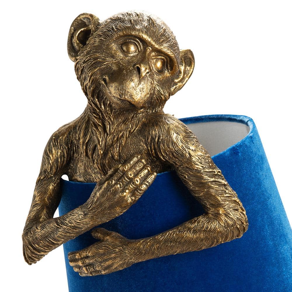 Gold Resin Monkey Table Lamp with Blue Velvet Shade