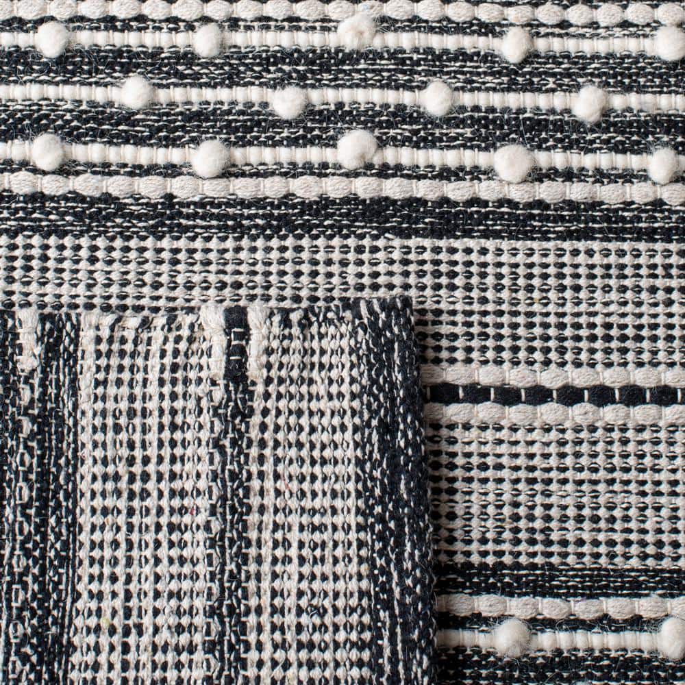 Black and Ivory Striped Kilim Handwoven Wool Area Rug