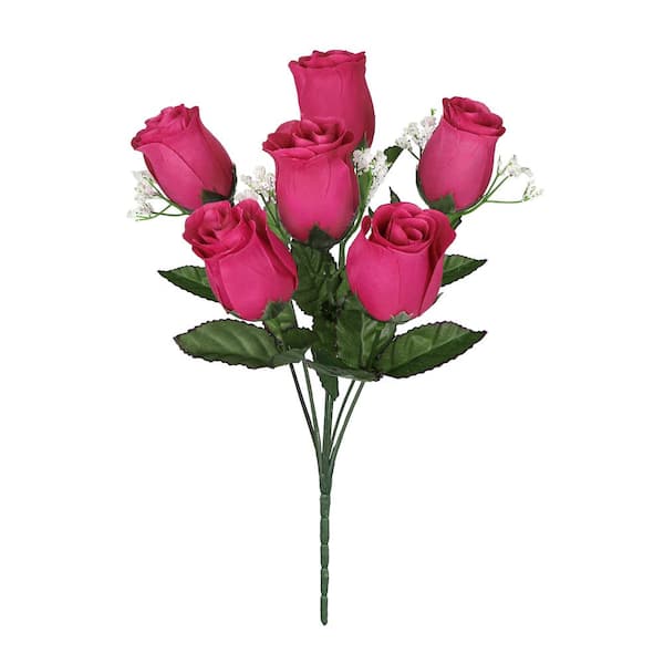 LIVING LUXURY 14 in. Hot Pink Artificial Rose Bud Flower Stem Bush Bouquet (Set of 12)