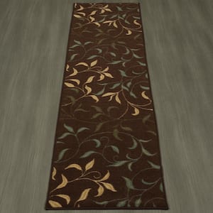 Ottohome Collection Non-Slip Rubberback Leaves Design 2x7 Indoor Runner Rug, 1 ft. 10 in. x 7 ft., Brown