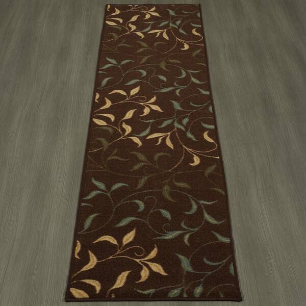 Runner Rug Hallway Entryway Area Carpet Modern Leaves Design Chocolate 3x10 ft 