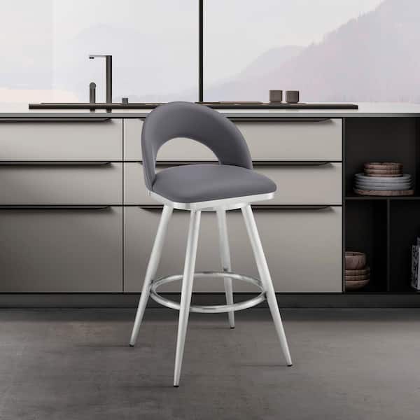Armen Living Charlotte 26 in. Gray Low Back Metal Counter Stool with Faux Leather Seat